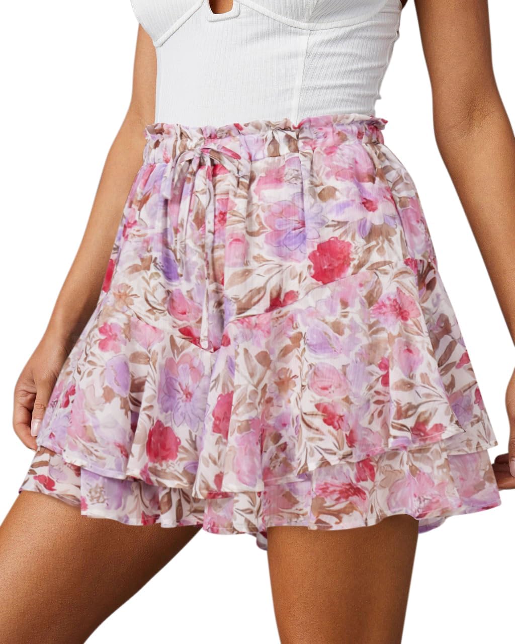 Women's Flowy Shorts Casual Boho Floral Ruffle Mini Skorts for Running Tennis - Picture 71 of 145