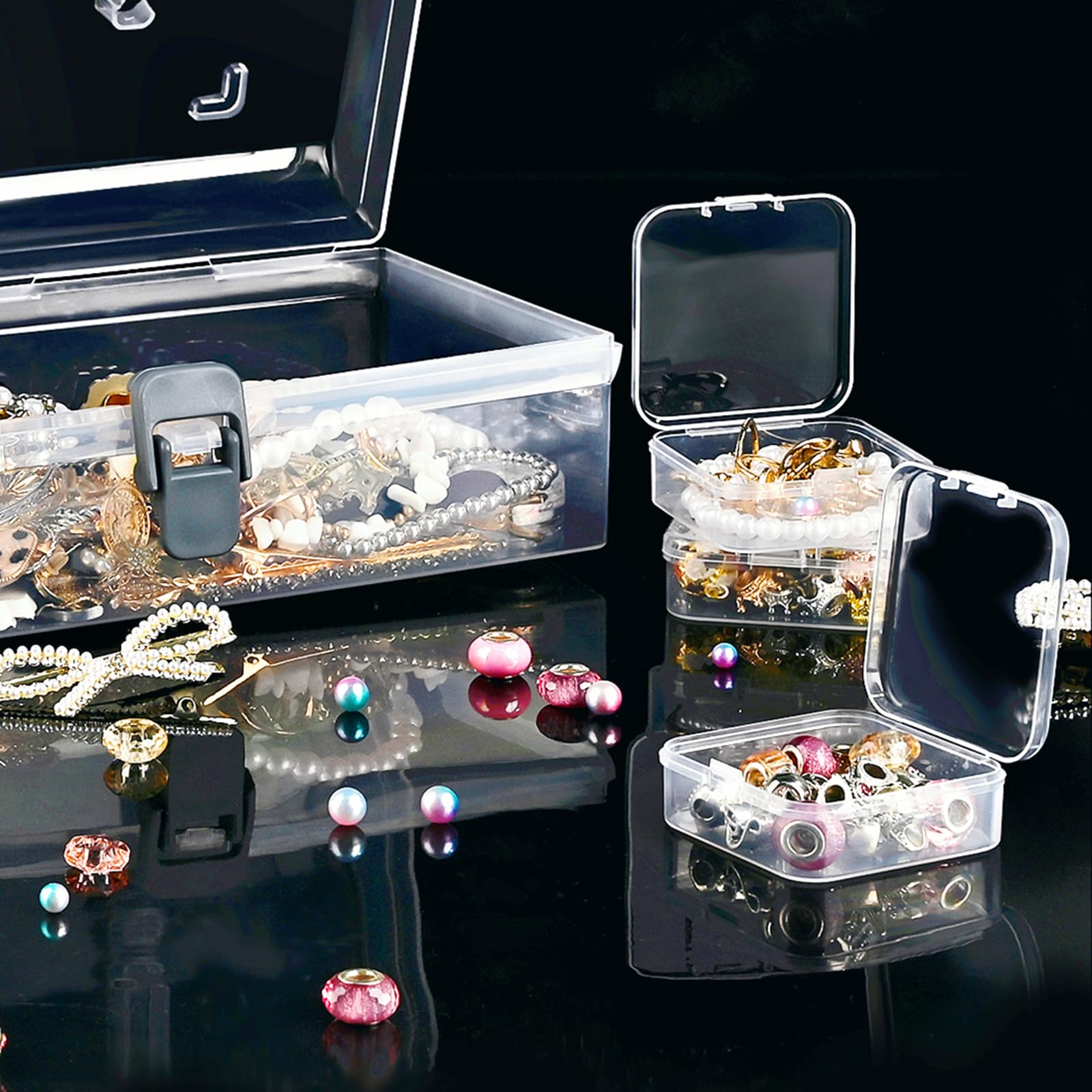 Bead Organizer Box with Handle, 25 Pcs Small Bead Organizers and Rectangle Storage Plastic Cases, Mini Clear Bead Storage Containers Boxes with Hinged Lid