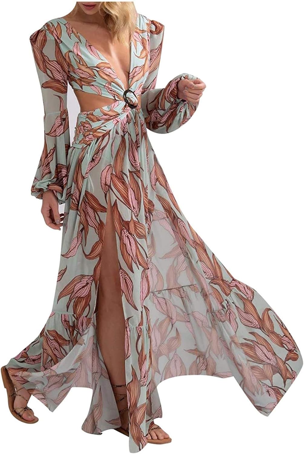 Women Lantern Sleeve Maxi Dress Plain Floral Print Front Criss Tie Deep