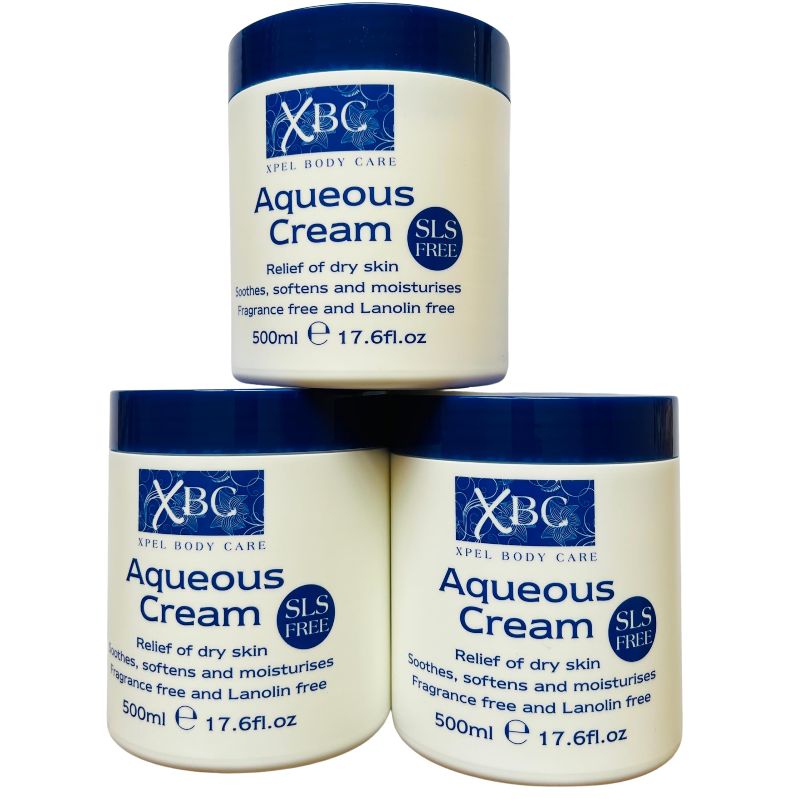 PACK OF 3 X 500ml SLS FREE AQUEOUS CREAM Emollient LARGE TUB [ Relief of Dry Skin ] Soothes Softens and Moisturises (FREE FROM FRAGRANCE, SLS, PAREBEN, COLOUR Dry Skin Moisturiser Cream)