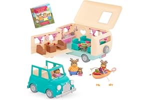 Li'l Woodzeez – 53 Pieces Happy Camper Playset with Moose Family, Detachable RV Trailer & Vehicle – Dollhouse Furniture & Accessories – Pretend Play Gift for 3+ Years Years