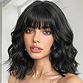 COOINEADER Black Wigs for Black Women Soft Short Bob Style Wigs with Bangs for Women Synthetic Shoulder Length Women's Curly Wigs for Cosplay Halloween Costumes Daily