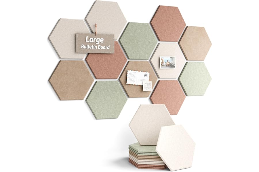 Fluxynara 12-Pack Hexagon Felt Bulletin Board Tiles, Boho-1 | Cork Board Alternative with 60 Adhesive Tabs for Notes, Photos and Reminders in Home Offices, Dorm and Classrooms
