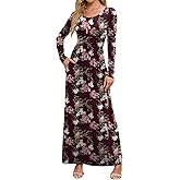 DEARCASE Women's Maxi Dress Long Sleeve Crewneck Loose Plain Casual Empire Waist Fall Party Long Dresses with Pockets