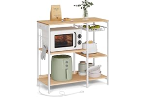 VASAGLE Baker's Rack, Coffee Bar Stand with Charging Station, 35.6 Inches Tall, Storage Shelves, Pull-Out Wire Basket, Table for Microwave, Kitchen, Oak Beige and Ink Black UKKS036Y09