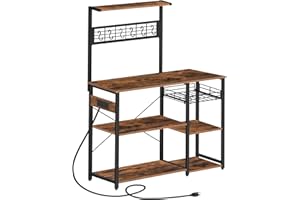 ALLOSWELL Bakers Rack with Power Outlet, Microwave Stand, Industrial Coffee Bar with Wire Basket, Kitchen Storage Rack with 6 S-Shaped Hooks, for Spices, Pots and Pans, Rustic Brown BRHR90E01