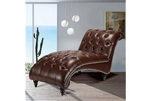 VAZTRLUS Faux Leather Button Tufted Chaise Lounge Indoor Lounge Chair 63" with Nailhead Trim Armless Upholstered Chaise for Living Room Bedroom Ergonomic Chaise (Coffee Color)