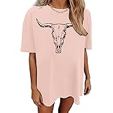 LETSEE Graphic Tees for Women Boho Cow Skull Cowgirl Tops Summer Casual Short Sleeves Western Shirts