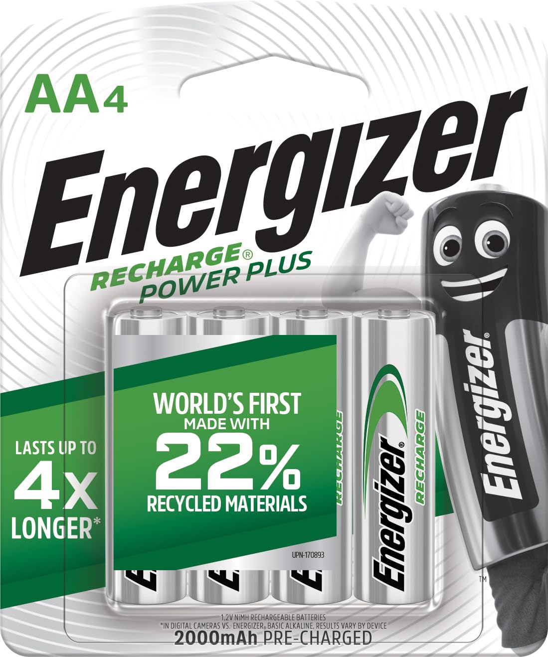 Energizer Rechargeable Battery AA, Recharge Power Plus, 4 Pack