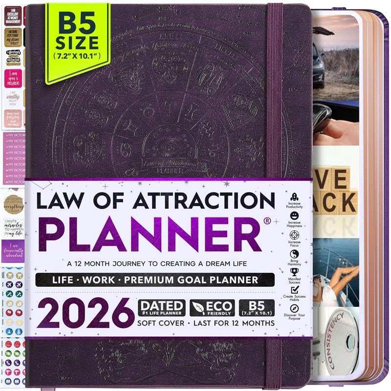 Law of Attraction Planner 2026 - Hourly, Weekly & Monthly Goal Setting Planner with Productivity App | 12 Month Life & Gratitude Journal | Include Foldable Vision Board, Gift Box & Stickers