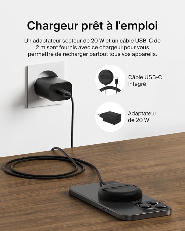 Station de Charge sans Fil, 15W, Certifié Qi2 et Compatible MagSafe, pour Tous Les modèles de l'iPhone 17, iPhone Air, iPhone 16, pour Les AirPods, etc., avec Adaptateur Secteur - Noir