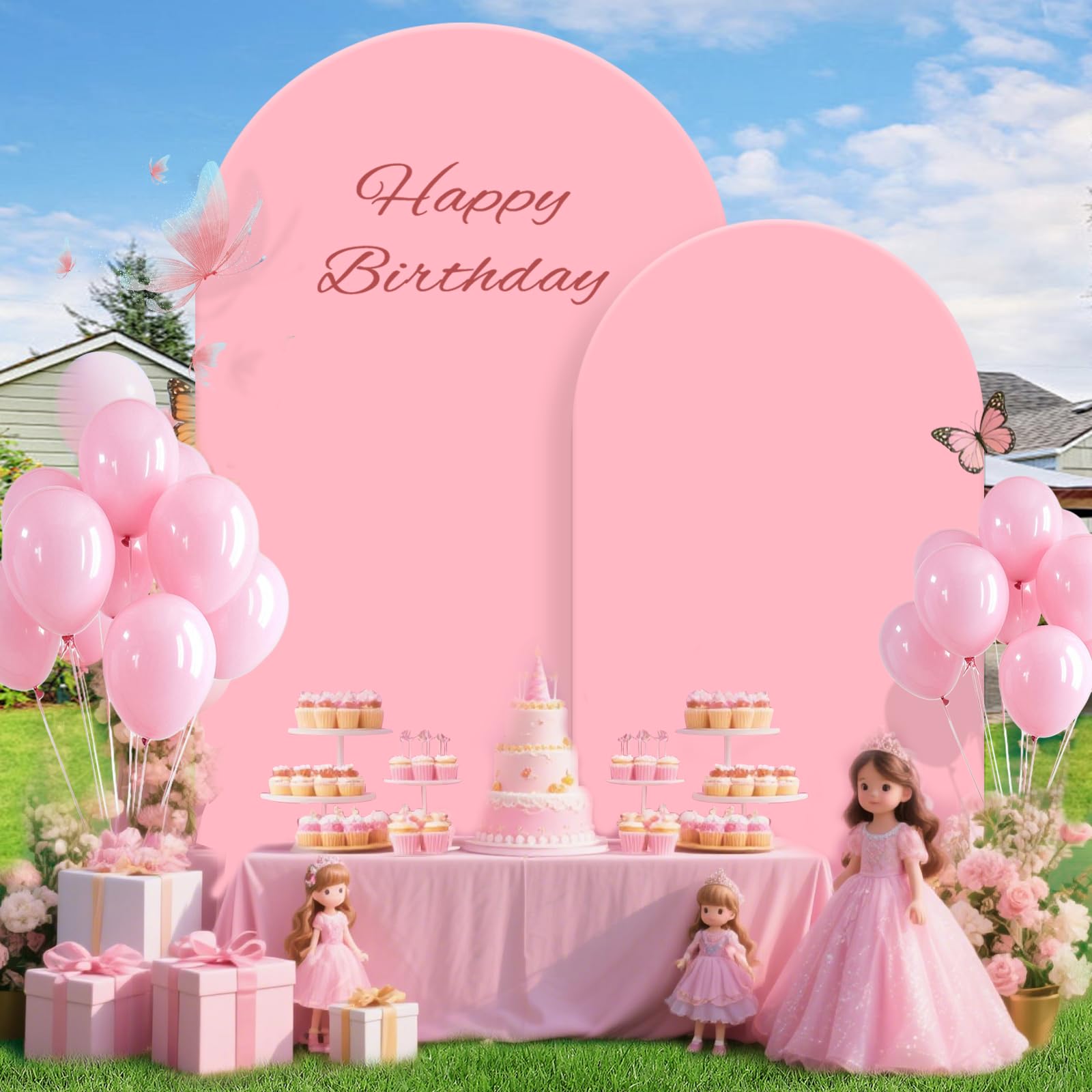 Photo 1 of Arch Backdrop Cover 7.2FT 6FT, Pink Thickened Spandex Fitted Arch Covers Stretchy Backdrop Set of 2 Round Top Chiara Stand Cover with Zipper for Wedding Birthday Party Baby Shower Banquet