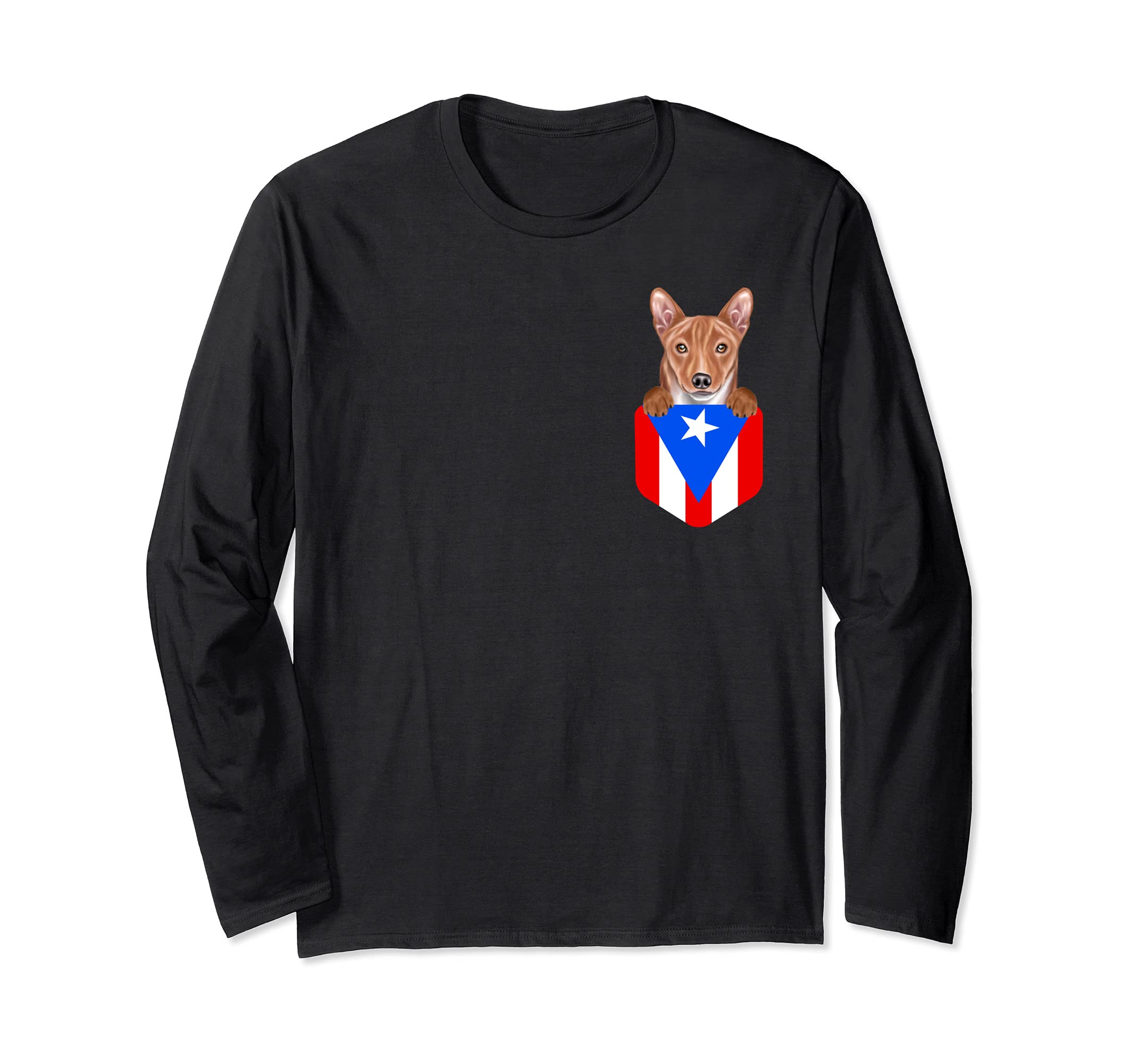 Puerto Rico Flag Basenji Dog In Pocket Long Sleeve T-Shirt