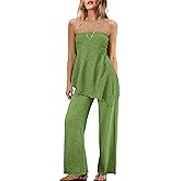 Panadila Womens Off Shoulder Sweater Set 2 Piece Outfits Summer Vacation Knit Matching Lounge Set Tube Top and Pants Set