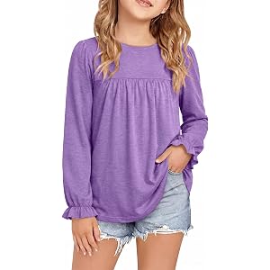ZDC Girls Long Sleeve Shirts Cute Teen Crewneck Tunic Tops Kids 5-14 Years | Girls Ruffle Sleeve Pleated Babydoll Blouse, Loo