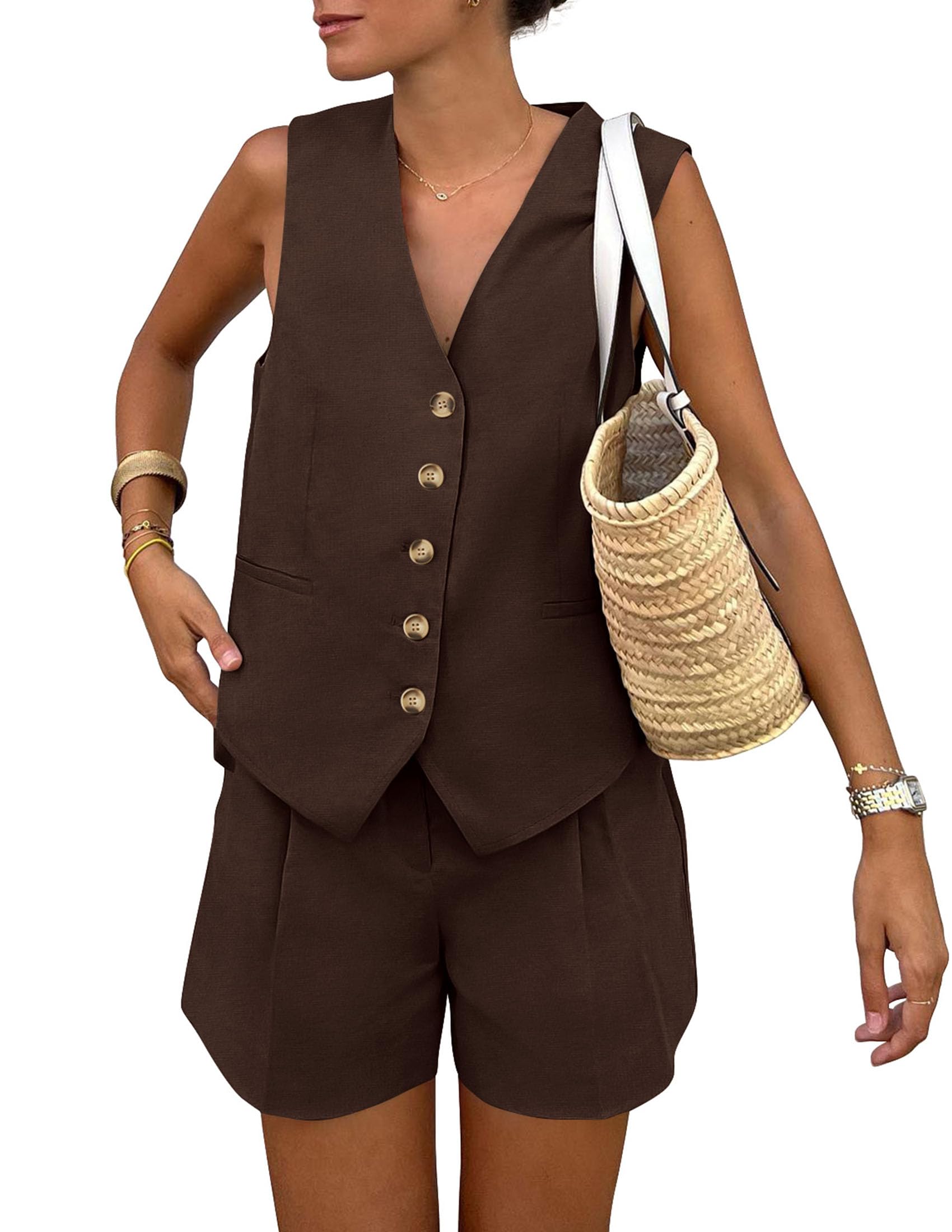 Photo 1 of **MISSING SHORTS** PRETTYGARDEN Women's Summer 2 Piece Outfits Sleeveless Matching Sets Button Down V Neck Vest Waistcoat and Pockets Shorts (Dark Coffee, Large)