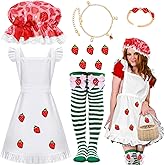 Yanbuny 6 Pcs Halloween Strawberry Cake Costume Include Strawberry Hat,Apron,Necklace,Ring,Thigh High Socks and Fabric Patches for Women Halloween Party Dress Up
