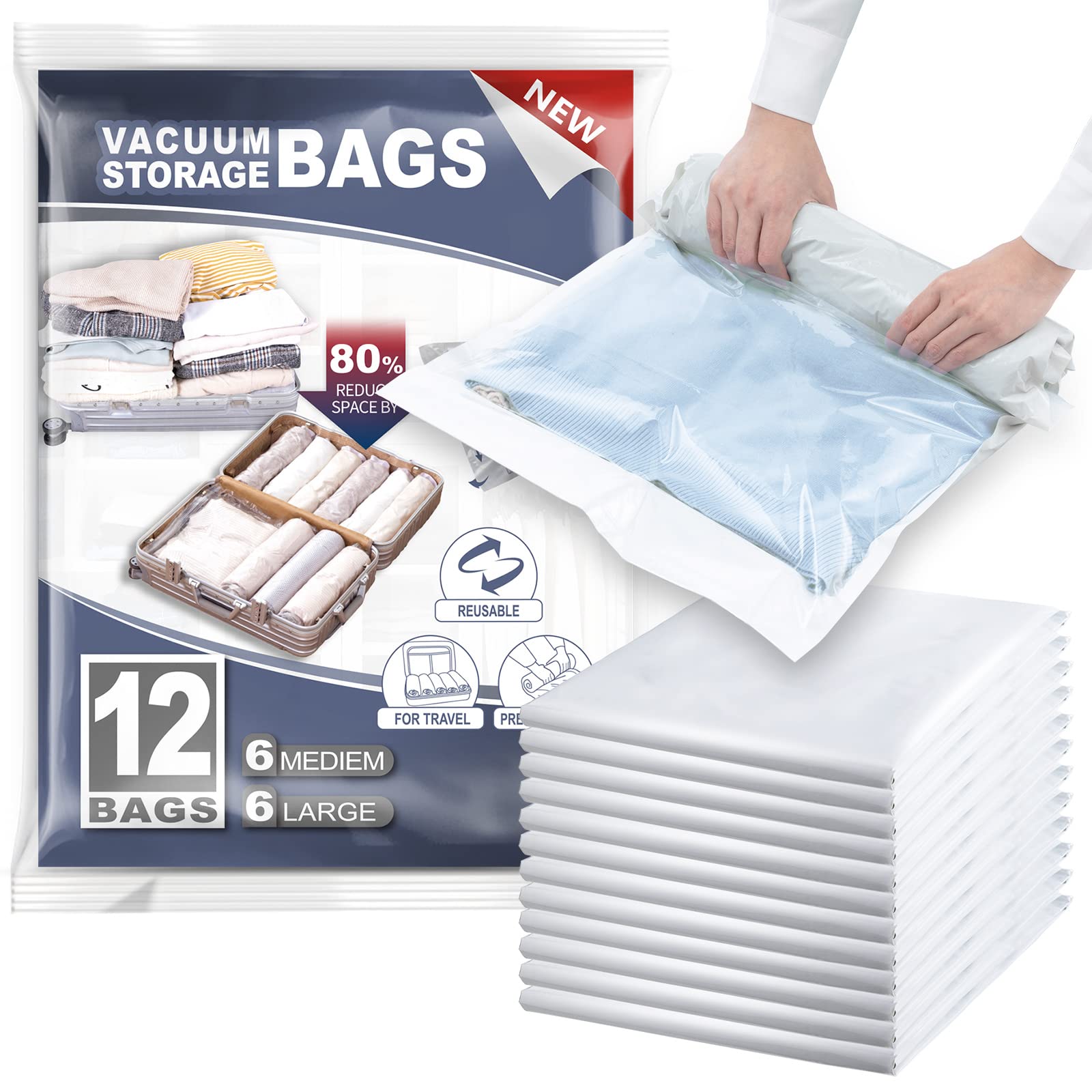 TAILI Roll Up Vacuum Storage Bags for Clothes Travel 12 Packs 6 Large, 6 Medium Reusable Storage Bags Saves 80% of Space No Need Vacuum Machine or Pumpfor for Travel, Clothes, Bedding, Moving