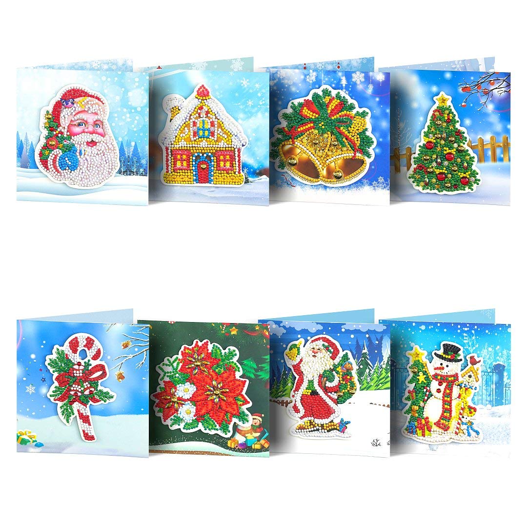 YOBEYI 8Packs Diamond Painting Christmas Cards by Numbers Christmas Tree Santa Claus New Year Greeting Card Christmas Stickers Christmas Gifts (HK102)