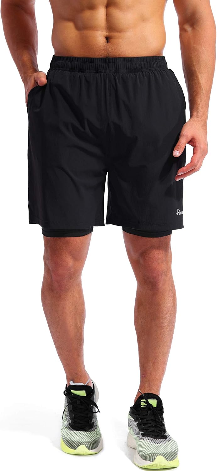 Pudolla Men’s 2 in 1 Running Shorts 7" Quick Dry Gym Athletic Workout Shorts for Men with Phone Pockets: Clothing
