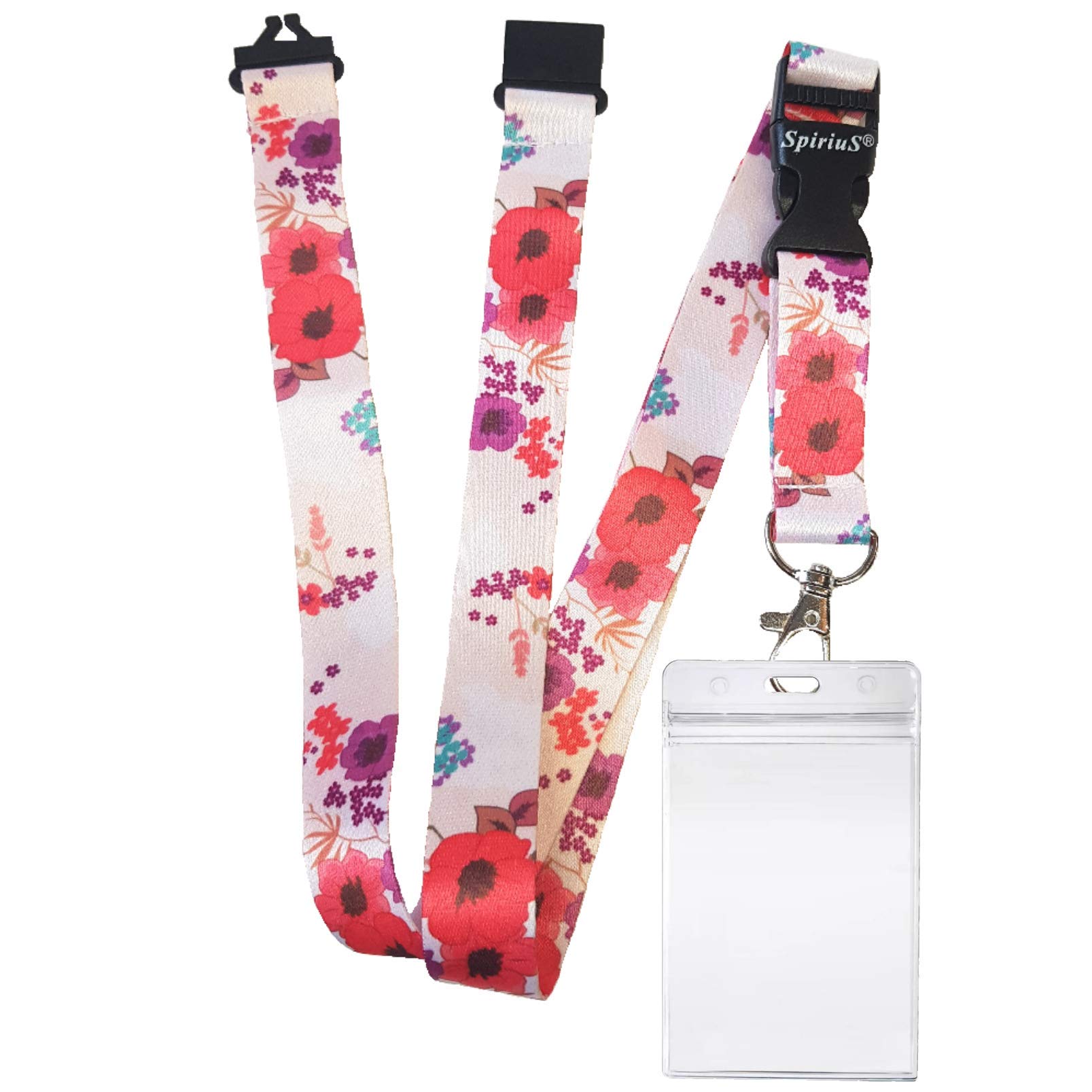 Waterproof Id Badge Holder Zip-Lock Design + Beautiful SpiriuS Lanyard Neck Strap with Metal Clip (Poppies in White)