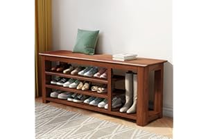 OAKHAM Bamboo Entryway Shoe Storage Bench, Entry Bench with 3-Tier Adaptable Shelf, Shoe Rack for Hallway Living Room, Brown, 47''W