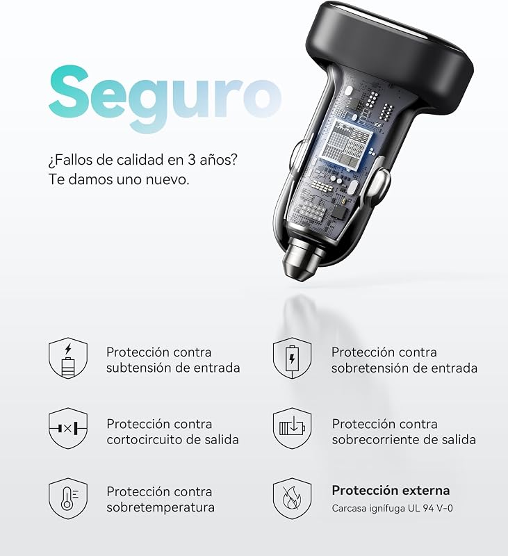 Cargador Coche Carga Rápida 90W, [Dual 45W] Cargador Mechero 3-Puertos