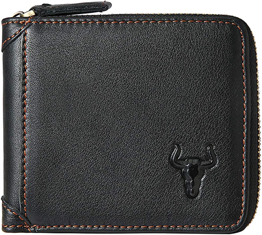 Wallets For Men With Zipper RFID Blocking Leather Bifold Wallet, Flap ID window Coin Pocket Black Mens Zip Wallet