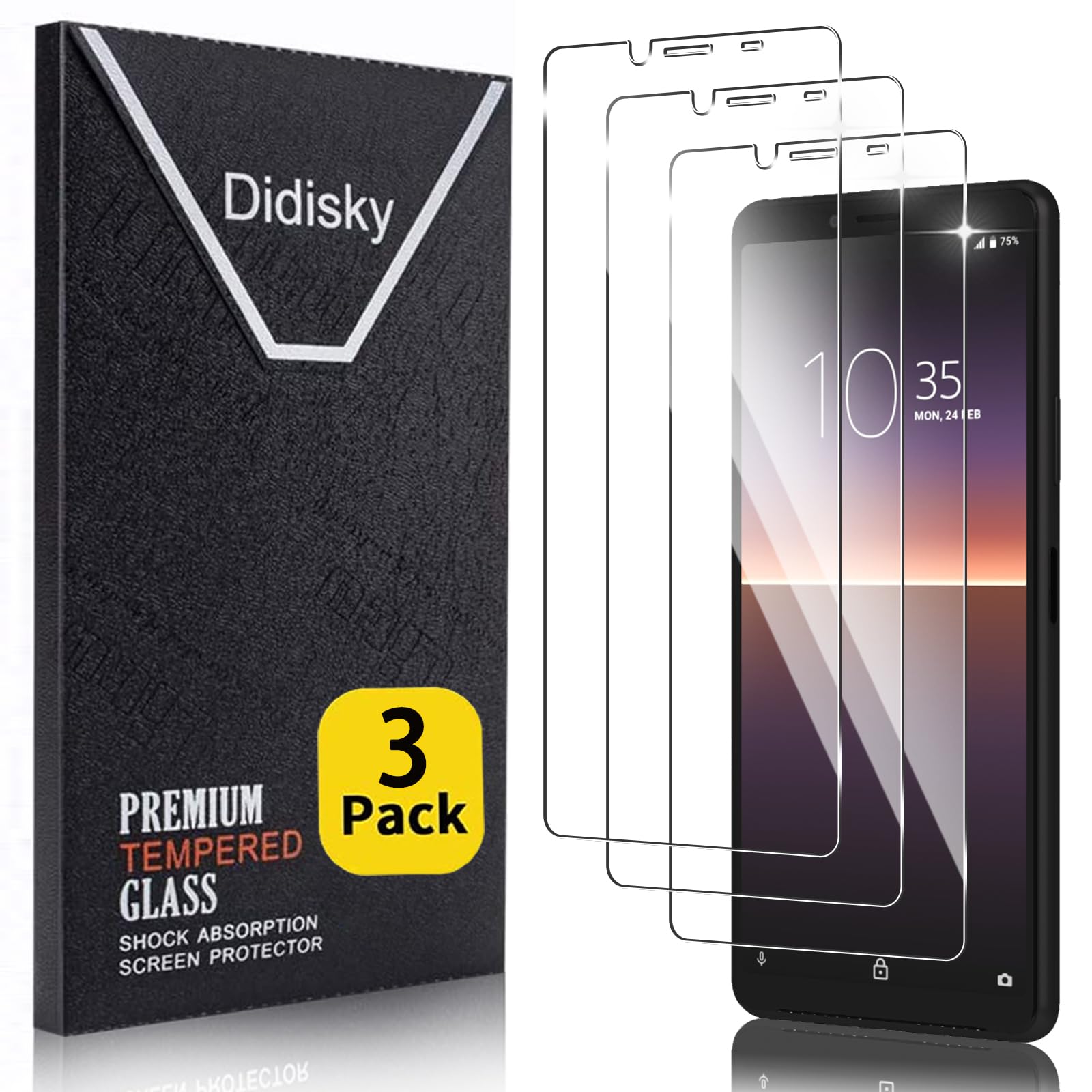 Didisky 3 Pack Tempered Glass Screen Protector for Sony Xperia 10 II, Scratch-Resistant, 9H Hardness, No Bubbles, High Definition Screen Protector, Easy to Use