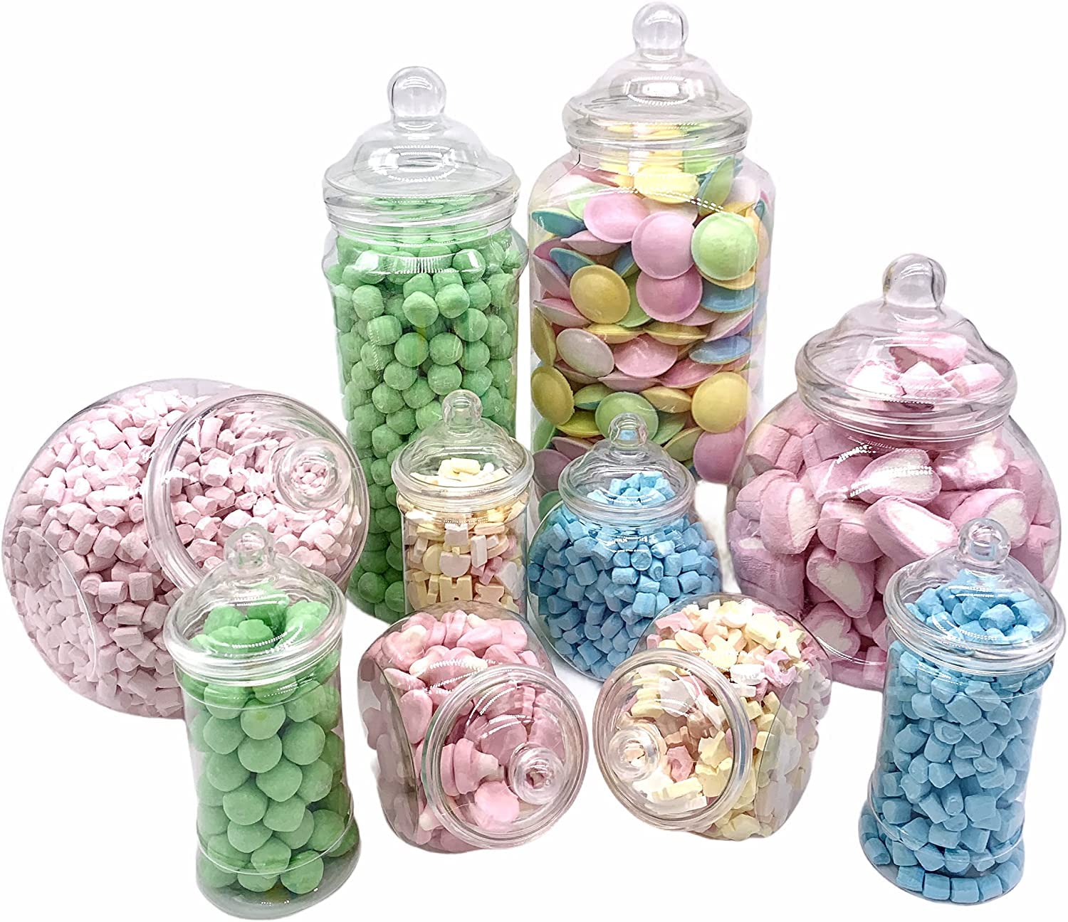 Jars2u - Plastic Party Pack Candy Buffet Sweet Jar Kit -10 Assorted Small Large Jars & Bobble Lids