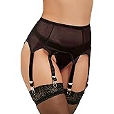 ohyeah Women Garter Belt for Thigh Highs Stocking Sexy Mesh Plus Size Suspender with 6 Straps Metal Clips XS-4XL