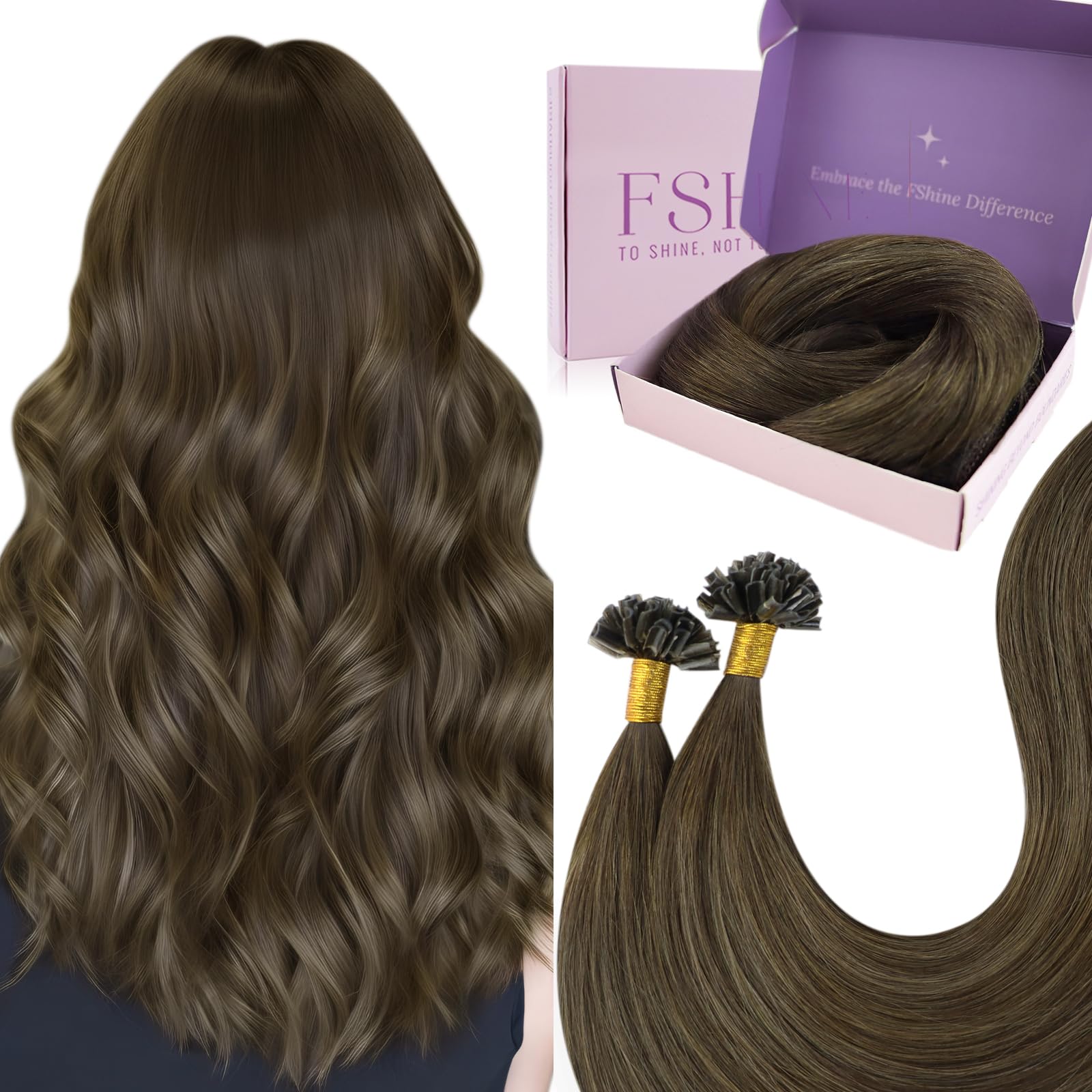 Fshine Keratin Bonding Hair Extensions Balayage Dark Brown to Chestnut Brown, 20 Inch 50g/50s, Pre Bonded Fusion Nail Tip, Remy Human Hair, Smooth and Silky, Natural Look