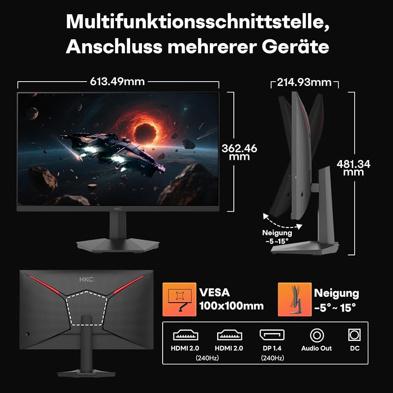 G27H3D 27 Zoll Gaming Monitor 240Hz, FHD (1920×1080) Fast IPS Bildschirm, 1ms MPRT, HDR400, 90% DCI-P3, Low Blue Light, 2× HDMI 2.0 & DP 1.4, VESA 100×100, PC Gaming Monitor, Schwarz