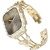 WINGLE for Gold Apple Watch Band and Case Women Series 11 10 46mm, Butterfly Sparkle Diamond Metal Bands Rhinestone Crystal Bracelet iWatch Jewelry Fancy Chain with Bling Screen Protector Case, 46 mm