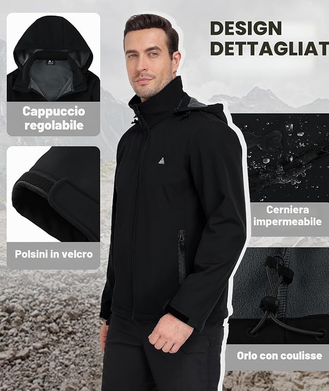 Giacca Uomo Invernale Softshell Impermeabile Antivento con Cappuccio Staccabile Multifunzionale Outdoor Giubbotto Caldo Casual Jacket per Trekking Ciclismo Viaggi Nero XL — foto 4 di 6