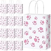 Blulu 20 Pcs Puppy Dog Paw Gift Bags with Paper Twist Handles, Dog Gift Paper Paw Treat Goodie Bags for PET Treat Party Favor, 6.3 x 3.1 x 8.6 Inch(White Backing, Pink Paws)