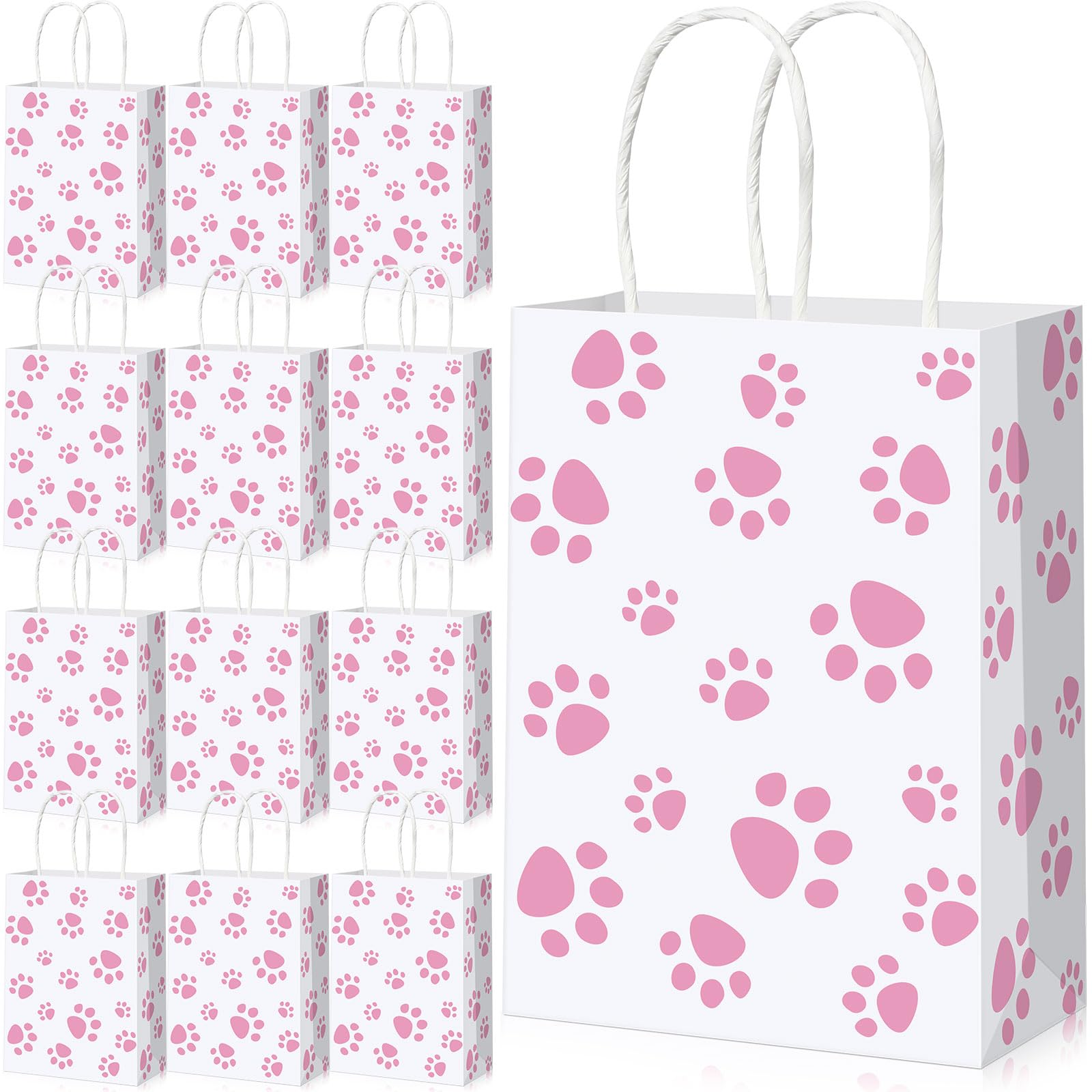Photo 1 of Blulu 20 Pcs Puppy Dog Paw Gift Bags with Paper Twist Handles, Dog Gift Paper Paw Treat Goodie Bags for PET Treat Party Favor, 6.3 x 3.1 x 8.6 Inch(White Backing, Pink Paws)