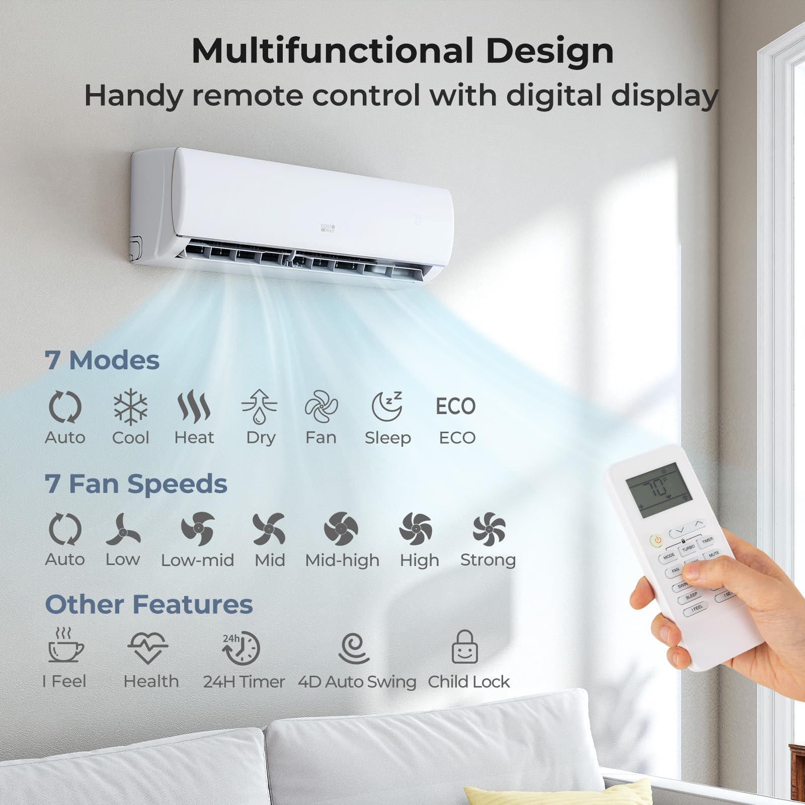 COSTWAY 11500 BTU Mini Split Air Conditioner, 115V 17 SEER2 Wifi Enabled Inverter Air Conditioner & Heater Pump System Cools Up to 750 Sq. Ft, Compatible with Alexa, w/Installation Kit