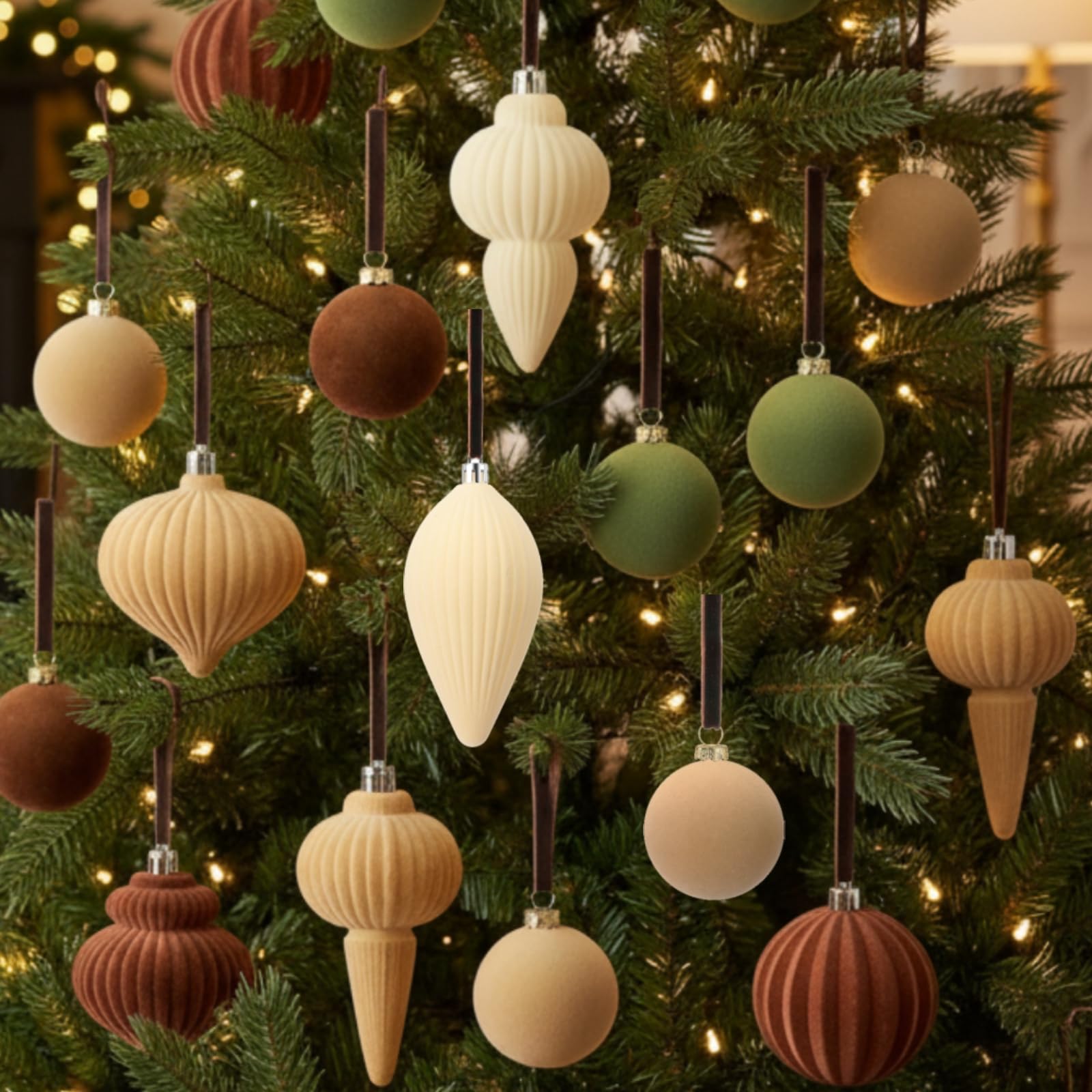 Photo 1 of *USED*
 Large Velvet Christmas Hanging Ornaments Set Balls Textured Shatterproof Finial Ornaments 40 Hooks 3 Ribbons for Vintage Rustic Farmhouse Ceiling Front Door Fireplace Decorations