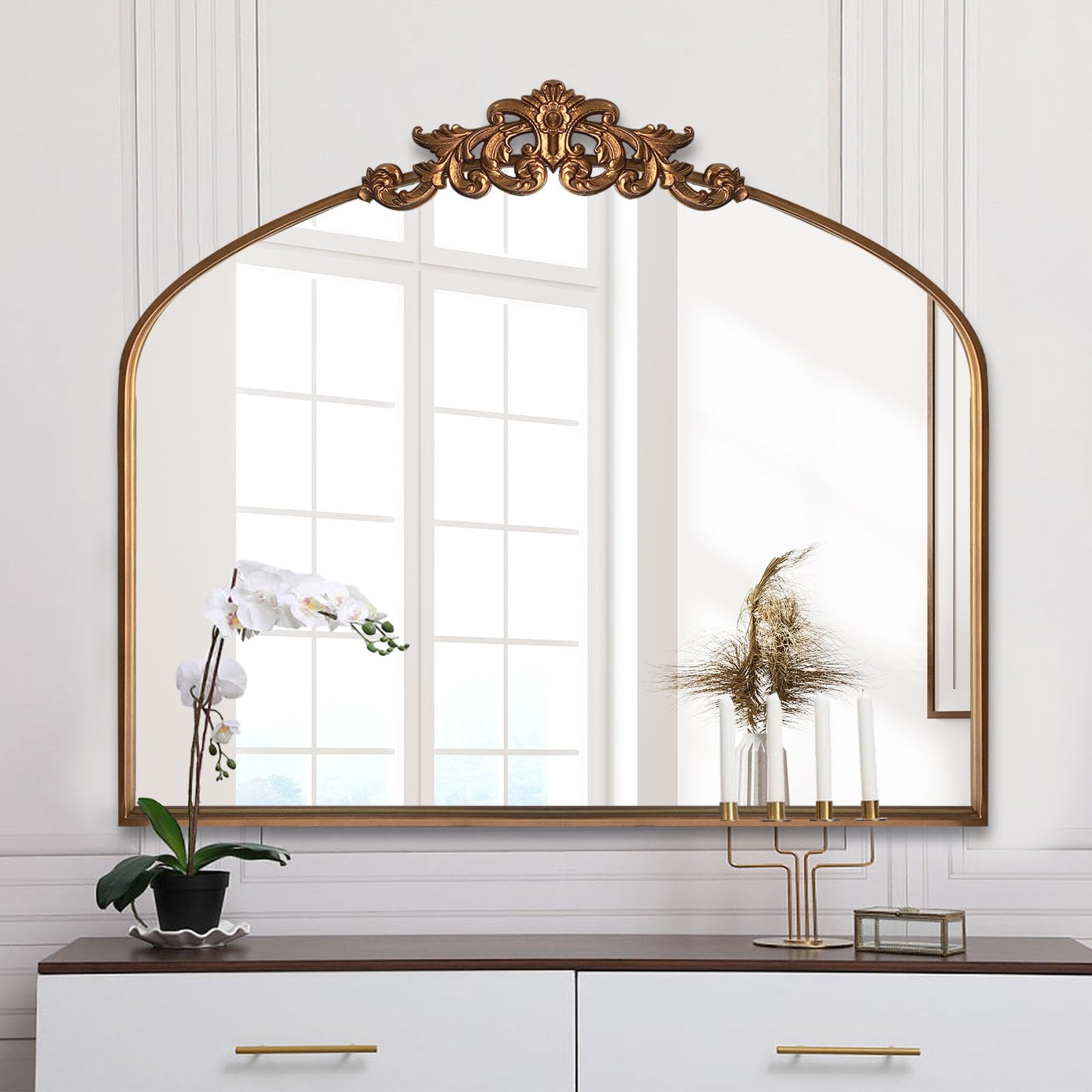 Photo 1 of DAOYIJIAJU Gold Traditional Arched Mirror, Antique Brass Mirror, Ornate Baroque Mirror, Vintage Carved Mantel Mirrors for Bathroom Bedroom Entryway, 36"x30"