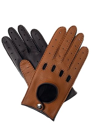 Herren Lederhandschuhe Autohandschuhe aus Hirschleder zweifarbig sand/dunkelbraun