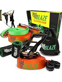 Slackline Kit with Training Line - Tree Protectors + Ratchet Cover - Complete Slack Line Kit Ideal for Family Outdoor Healthy Fun - Easy Setup 50ft Slacklines Balance Strap