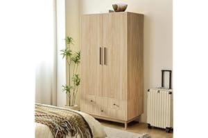FSBECL Armoire Wardrobe Closet with Drawers and 2 Fluted Doors 64.96 in Tall Farmhouse Closet Wardrobe Cabinet with Hanging Rod Freestanding Wooden Bedroom Armoire Storage Cabinet with Shelf (Natural)