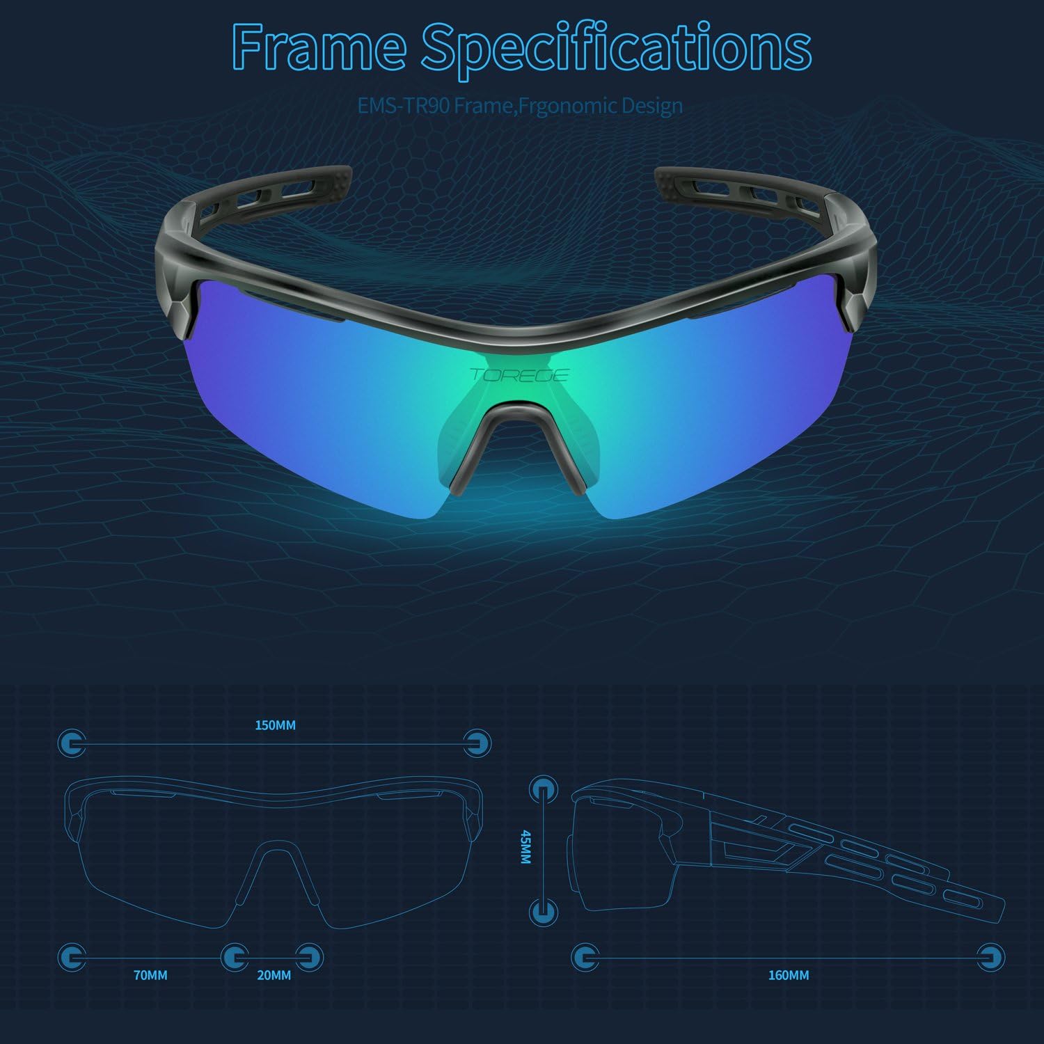 TOREGE Polarized Sports Sunglasses for Men Women Cycling Running Driving TR033(Transparent Gray&Black Tips&Green Lens) : Clothing