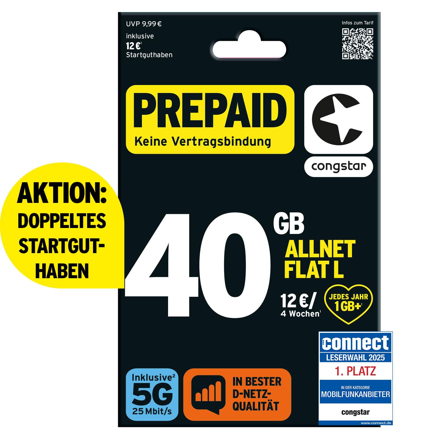 congstar Prepaid ALLNET L SIM-Karte ohne Vertrag I 40 GB Vielsurfer Prepaid-Paket in D-Netz-Qualität I 5G mit 25 Mbit/s + 24€ Startguthaben I Telefonie & SMS Flat in alle dt. Netze I EU-Roaming inkl.