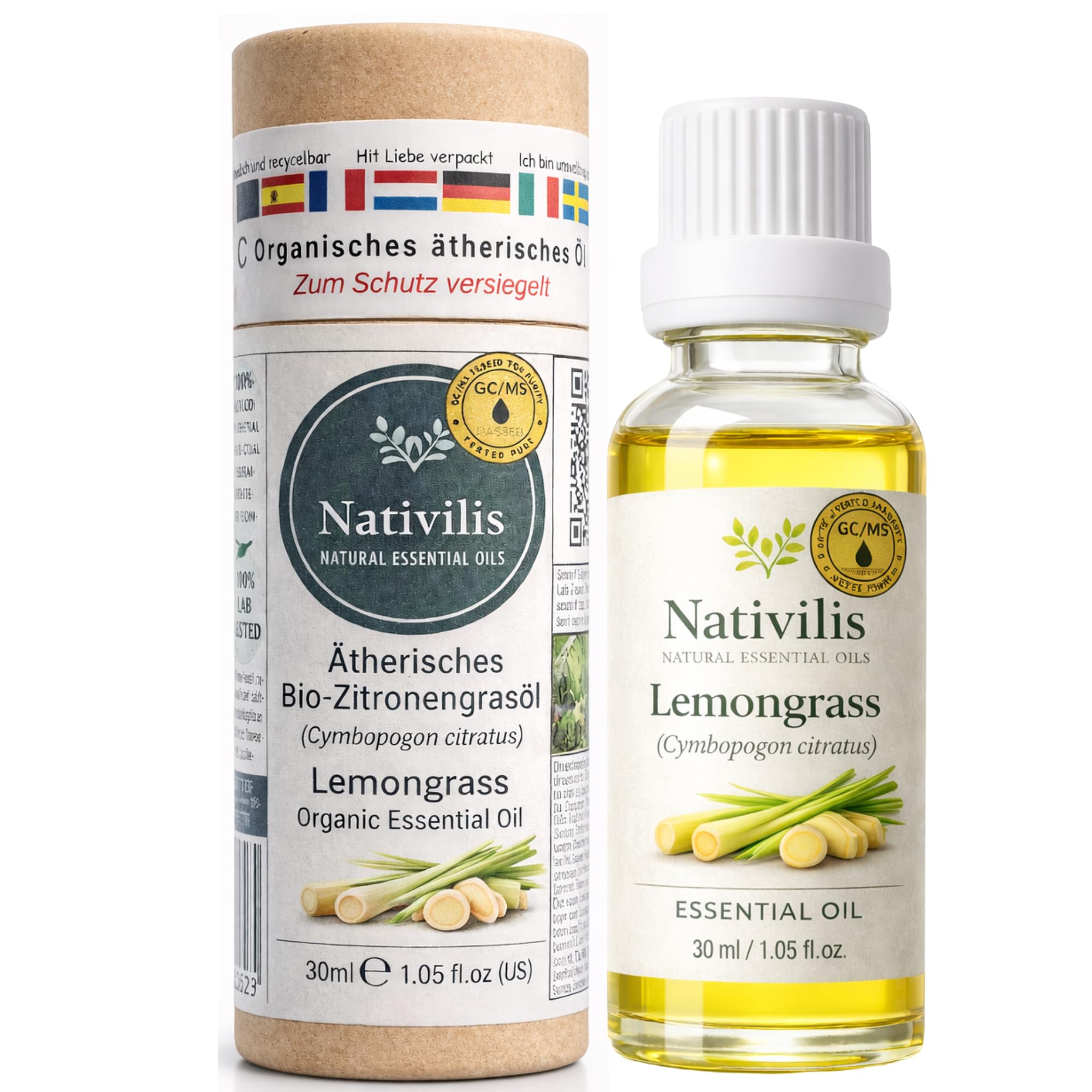 Nativilis Organic Lemongrass Essential Oil – Cymbopogon citratus – 100% Pure GC/MS Tested Aromatherapy Oil – for Diffuser, Home Fragrance, Skin & Hair Care (Diluted) – 30 ml / 1.05 fl oz - Copaiba