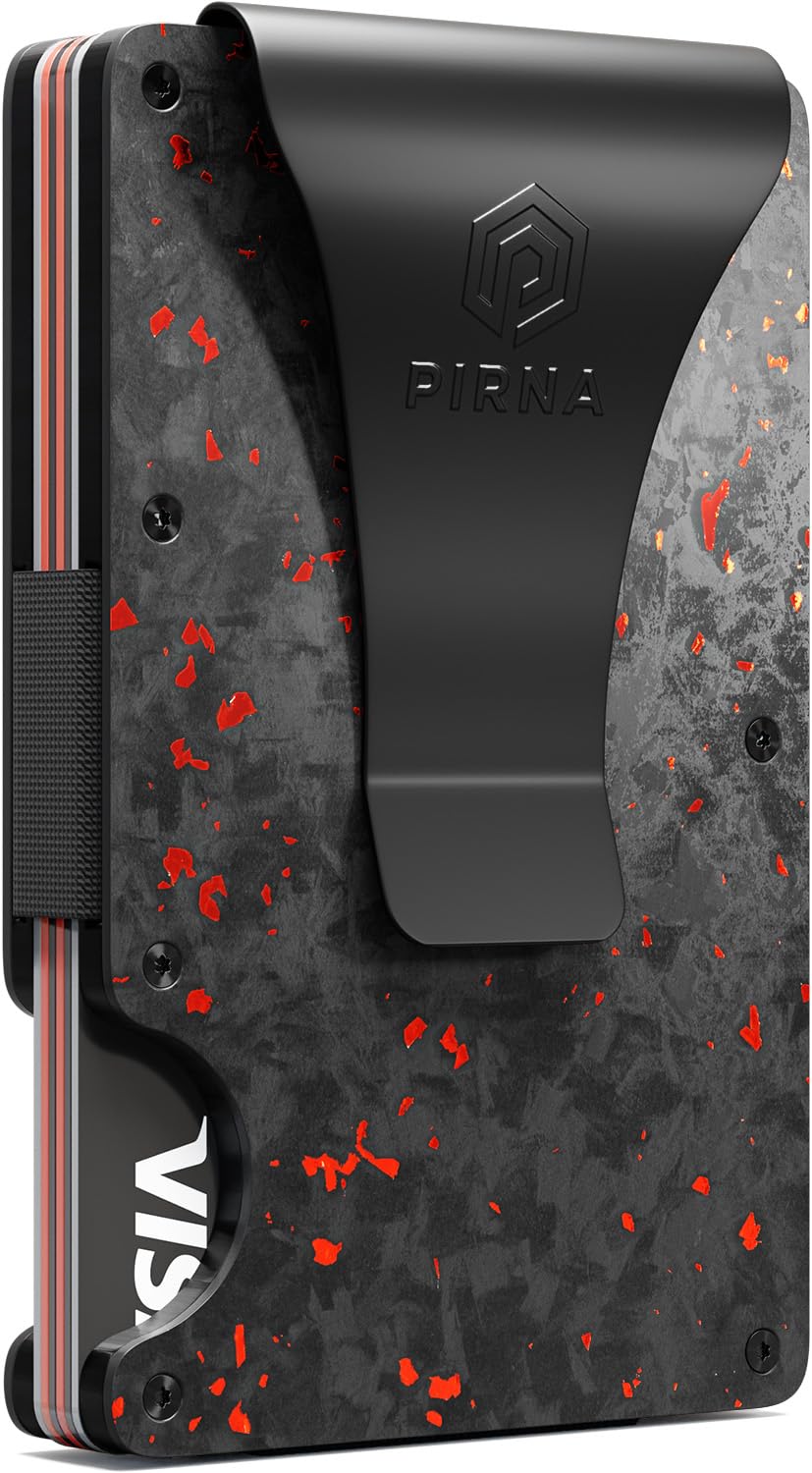 PIRNA Slim RFID Blocking Minimalist Card Wallet for Men, Thin Front Pocket Wallet with Money Clip, Real Forged Carbon Wallets for Men in UK with Gift Box - Red Carbon Forged