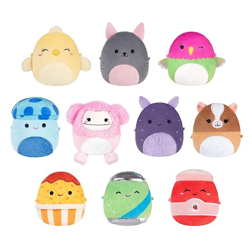 Micromallows Squishmallows Original Plush 10-Pack - 2.5 Inch Plush - Pink Bigfoot, Yellow Chick, Chicken Nugget, Mushroom, Hummingbird, Grey Dog, Green Soda, Guinea Pig, Strawberry Jam, Sea Bunny