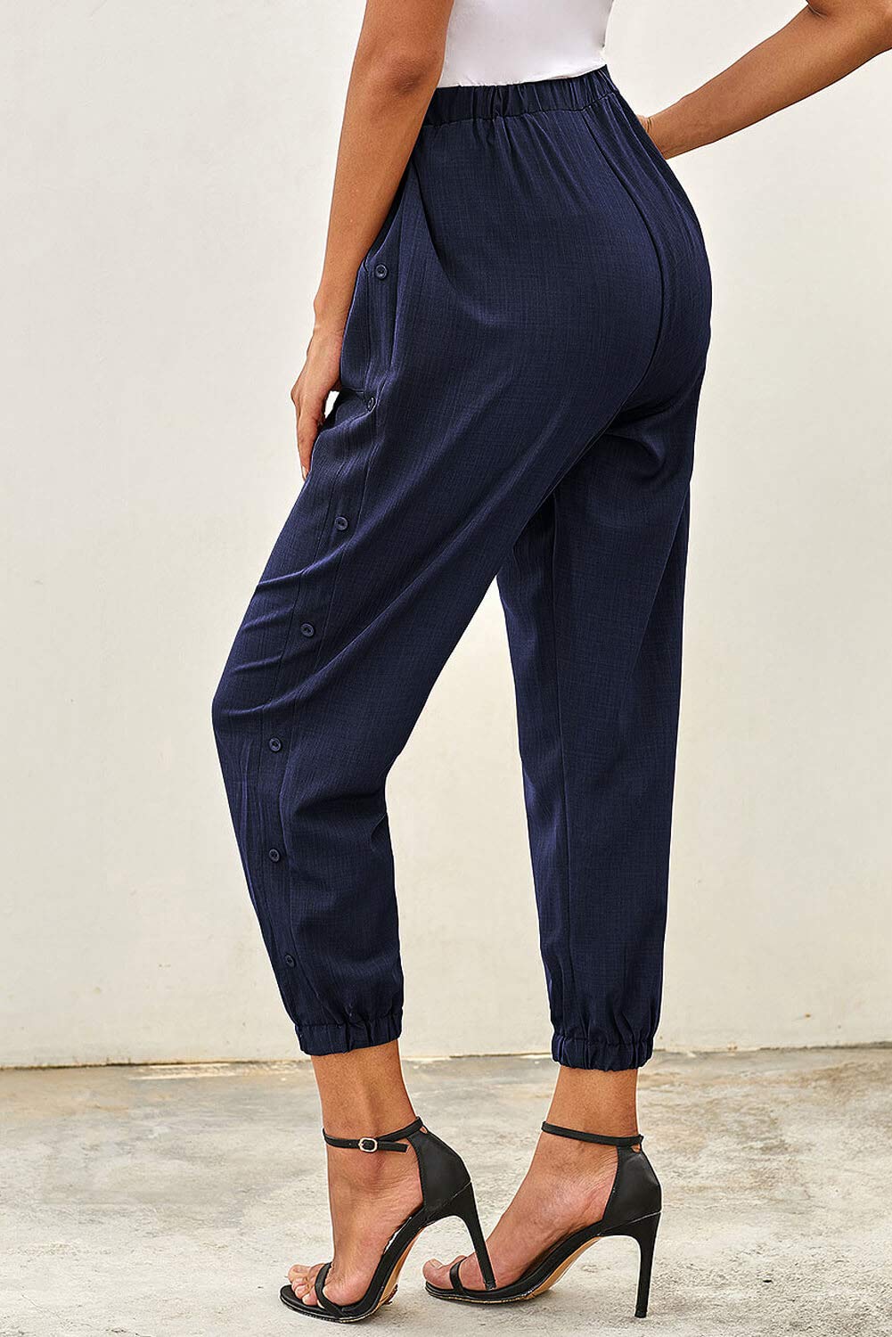 NEWFANGLE Women\'s Linen Casual Pants Drawstring Elastic Waist with Pockets Solid Comfy Loose Fit Trousers,Navy Blue,M