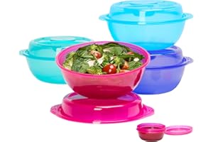 Bentgo Easyboxes Salad-to-Go Containers - 8-Piece Set: 4 Bowls, Leak-Proof Dressing Cups Built-In & 4 Fitted Lids Seal in Fre